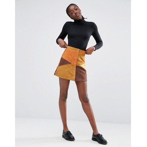 Monki Patchwork  Womens  Lined Genuine Suede Leather Retro Mini Skirt - Picture 2 of 3